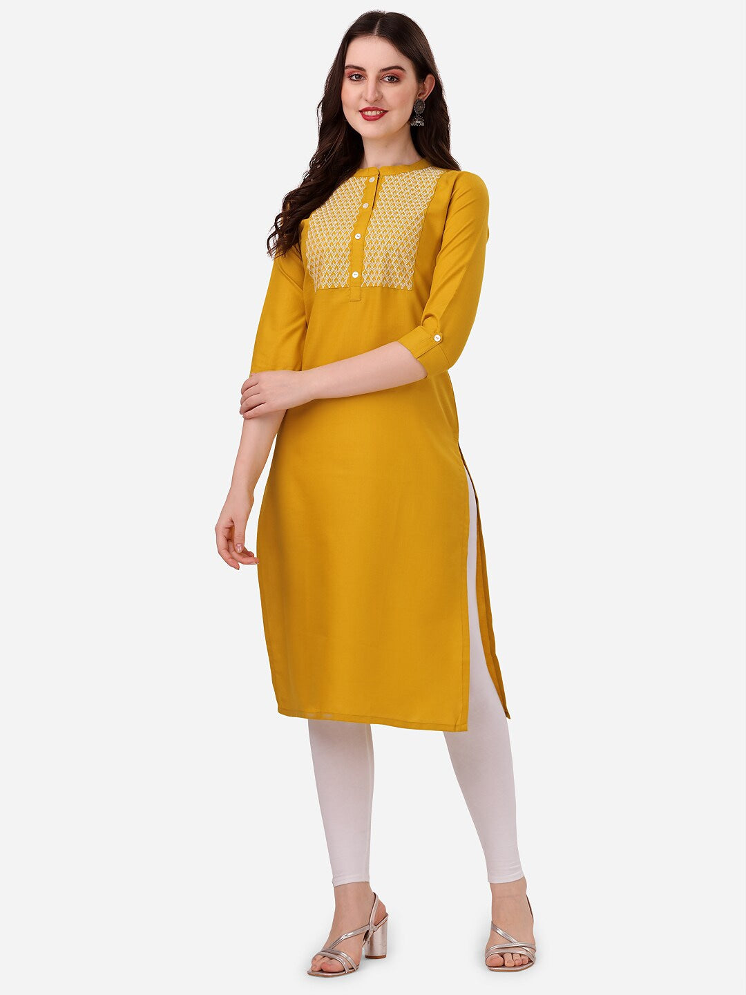 HERE&NOW Yoke Design Mandarin Collar Thread Work Cotton Kurta - Distacart