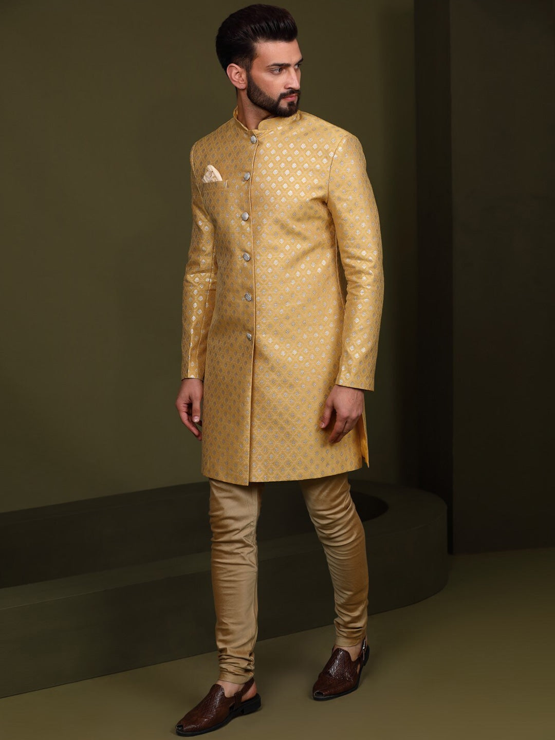 KISAH Woven Design Mandarin Collar Sherwani Set - Distacart