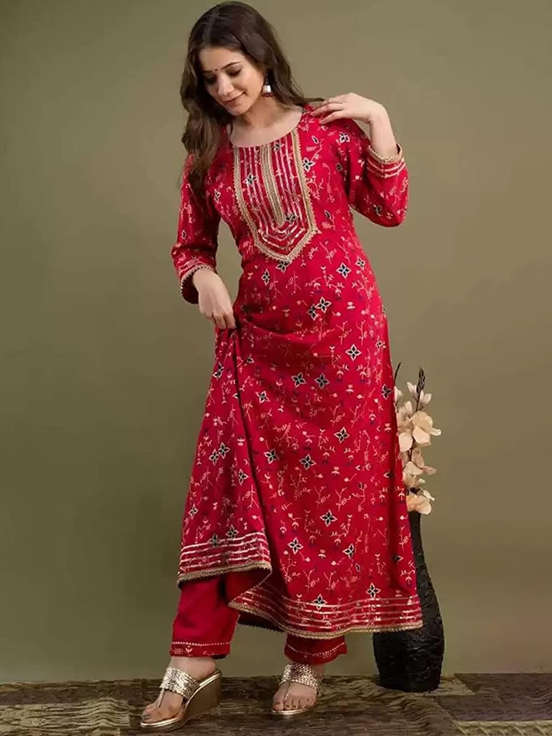 Kalini Floral Printed Gotta Patti Anarkali Kurta With Palazzos & Dupatta - Distacart