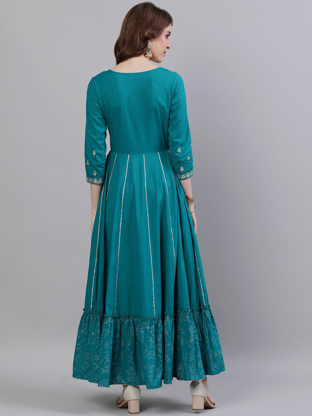 Ishin Women Teal Embellished Anarkali Cotton Kurta - Distacart