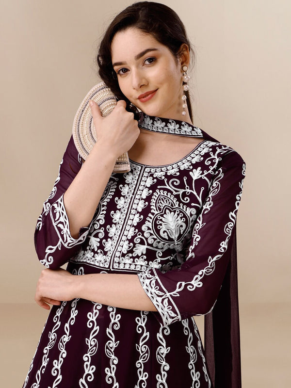 HERE&NOW Floral Lucknowi Chikankari Embroidered Georgette Anarkali Kurta with Dupatta - Distacart