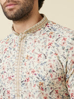 Thumbnail for Manyavar Mandarin Collar Floral Printed Regular Pure Cotton Kurta with Churidar - Distacart