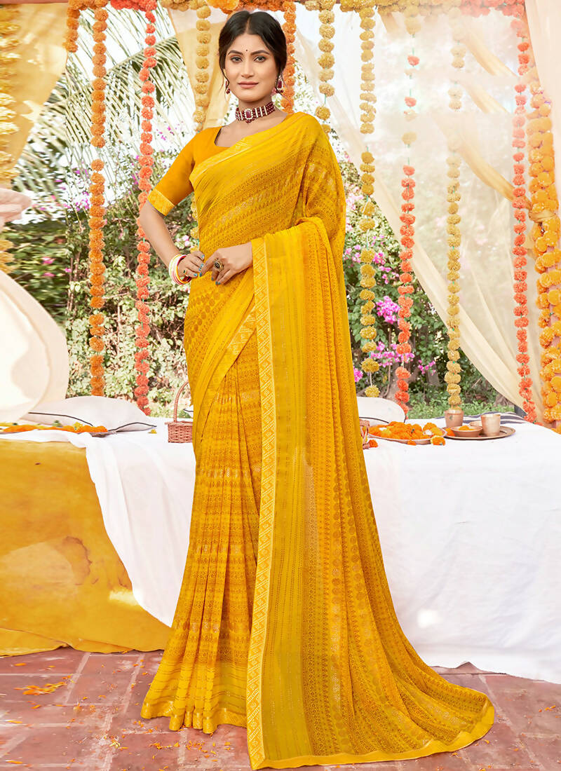 Mustard Georgette Foil Printed Saree with Unstitched Blouse Piece - Avika - Distacart