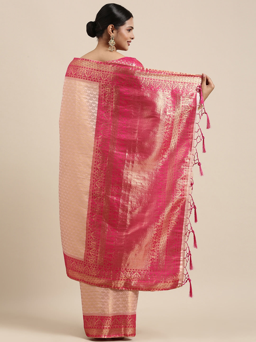 Saree Mall Peach-Coloured Ethnic Motifs Zari Silk Blend Banarasi Sarees - Distacart