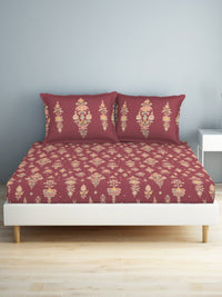 Thumbnail for SPACES Aurum Red Ethnic Motifs Pure Cotton 140 TC Queen Bedsheet with 2 Pillow Covers - Distacart