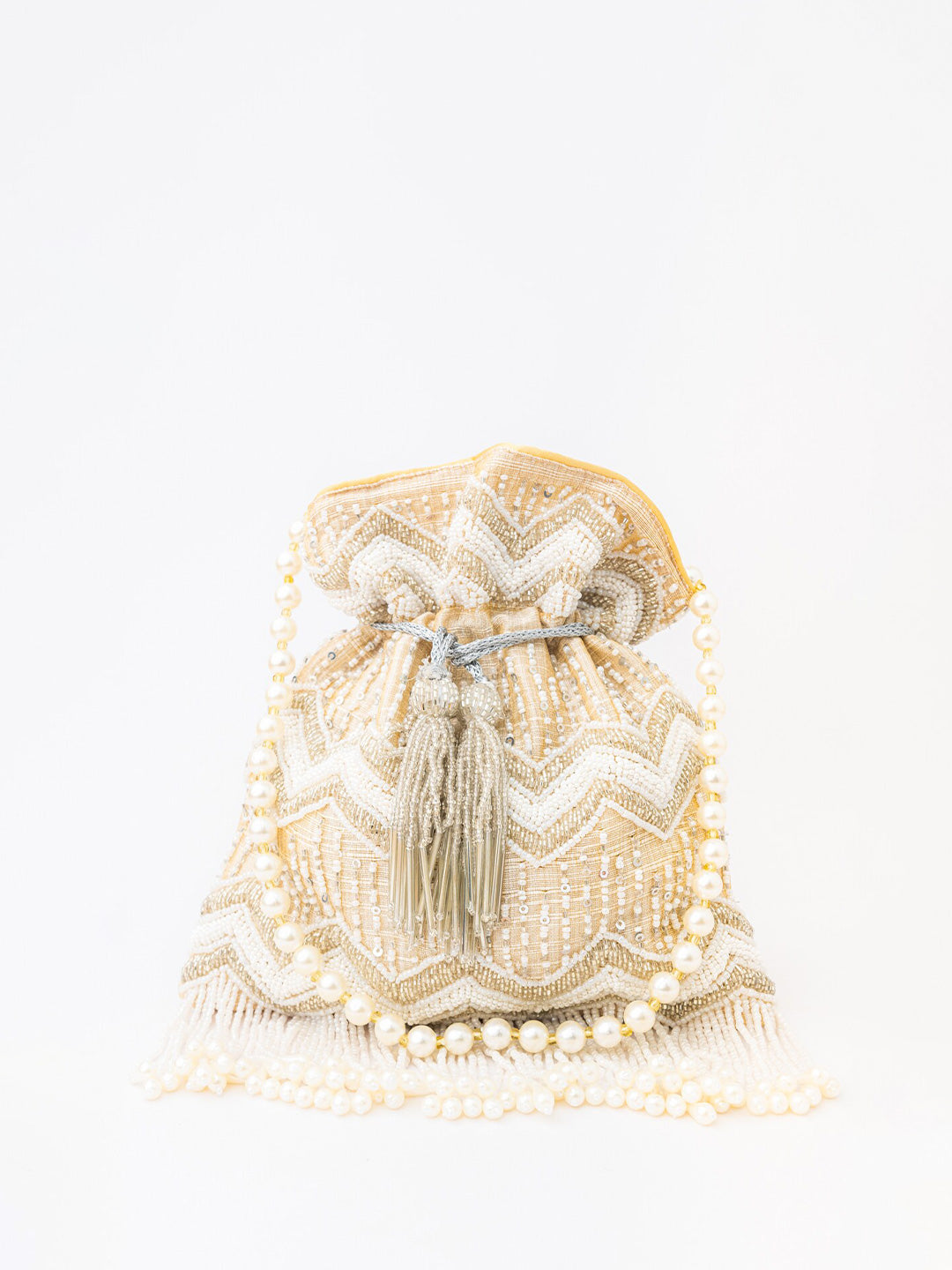 NR By Nidhi Rathi Cream-Coloured & Gold-Toned Embellished Potli Clutch - Distacart