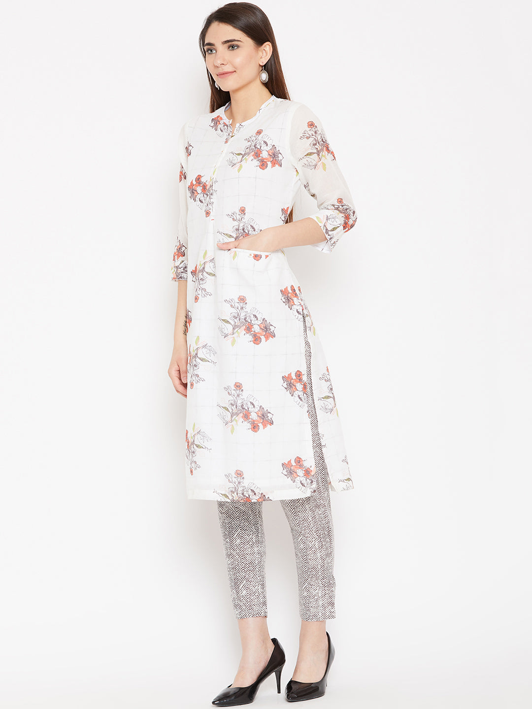 Biba Women Off-White & Red Printed Kurta with Trousers - Distacart