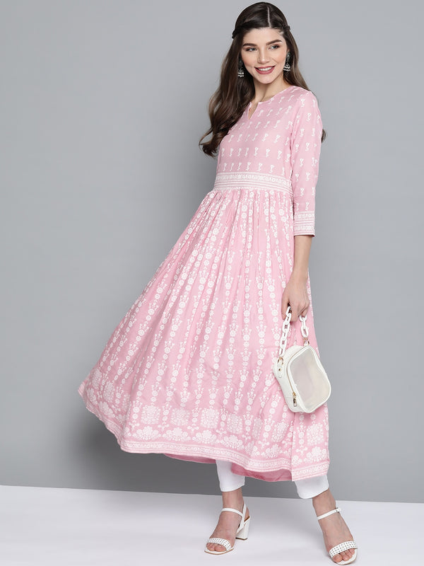 HERE&NOW Women Pink & White Ethnic Motifs Printed Anarkali Kurta - Distacart