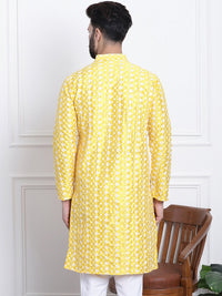 Thumbnail for Sojanya Men Yellow & White Ethnic Motifs Embroidered Straight Kurta - Distacart