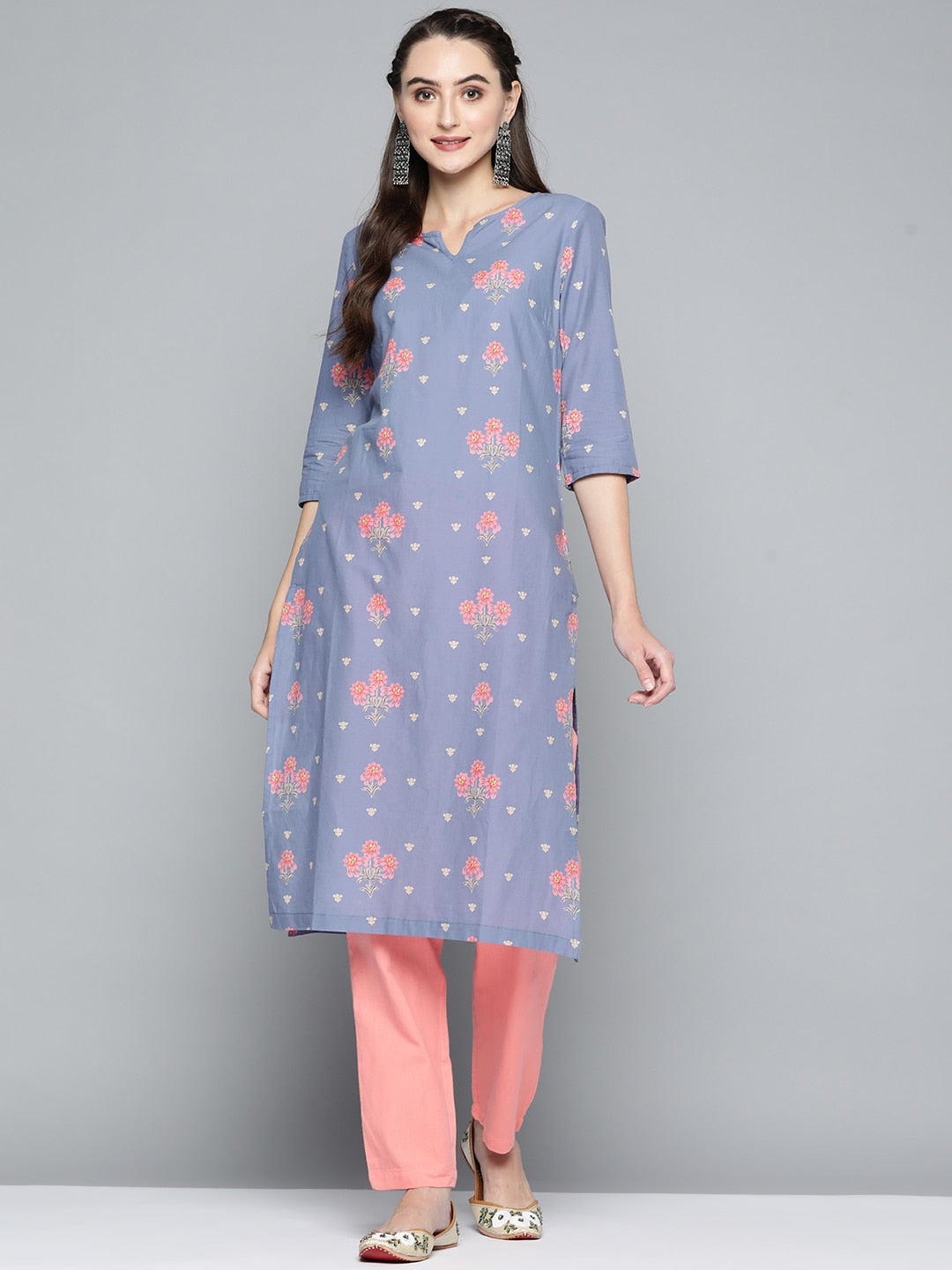 HERE&NOW Women Lavender & Pink Printed Pure Cotton Straight Kurta - Distacart