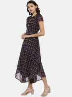 Thumbnail for Souchii Navy Blue & Gold Floral Print Fit and Flare Dress - Distacart