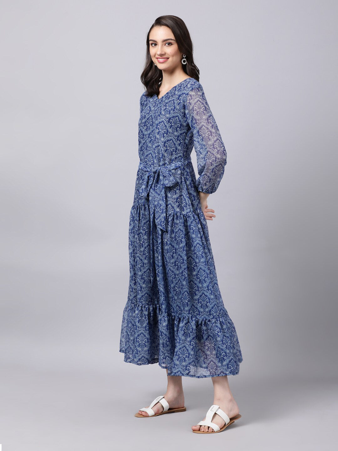 Souchii Blue Ethnic Motifs Printed Chiffon Maxi Tiered Dress - Distacart