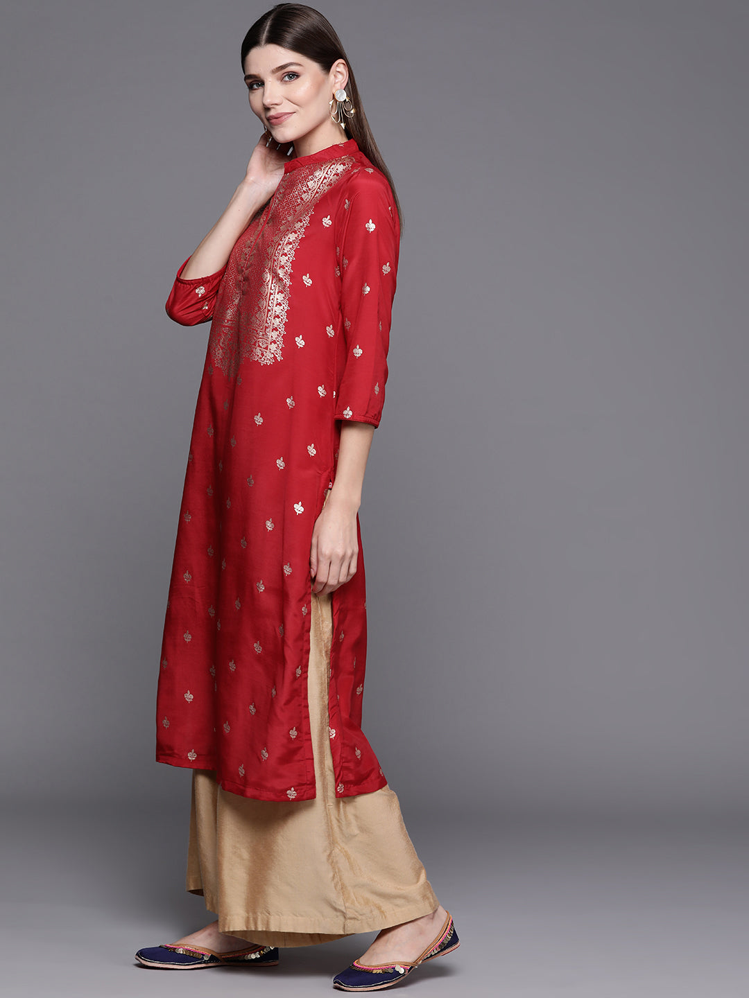Biba Women Red & Golden Ethnic Motifs Print Straight Kurta - Distacart