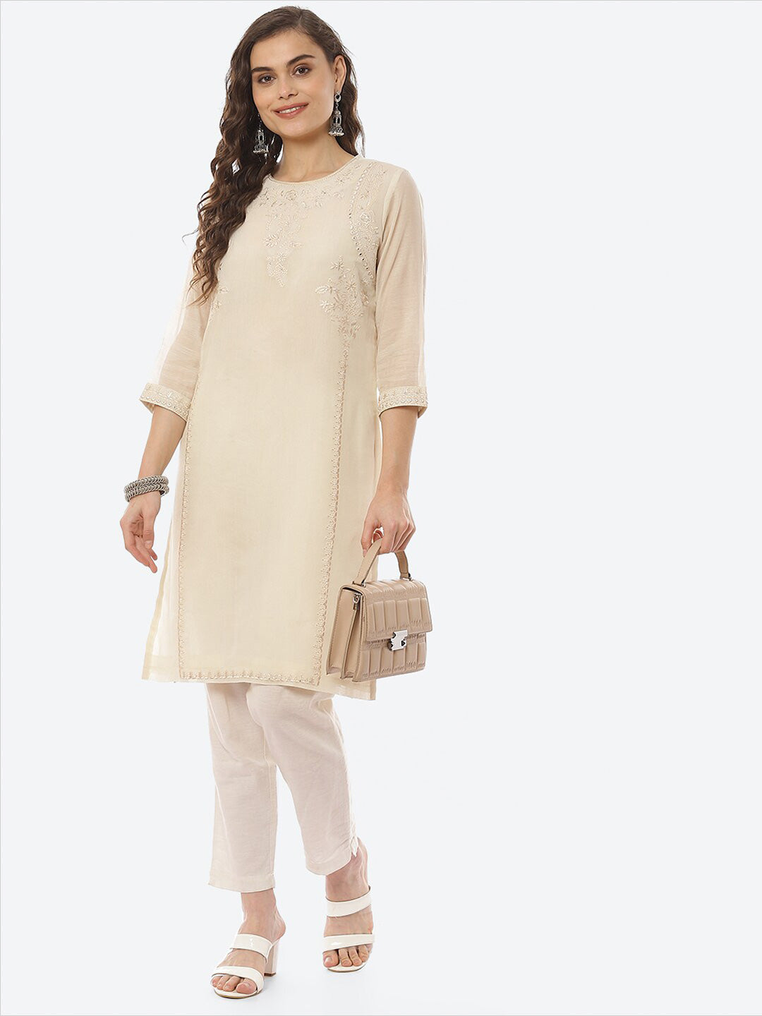 Biba Women Beige Ethnic Motifs Embroidered Mirror Work Floral Kurta - Distacart