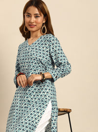 Thumbnail for Sangria Women Blue & Off White Geometric Printed Kurta - Distacart