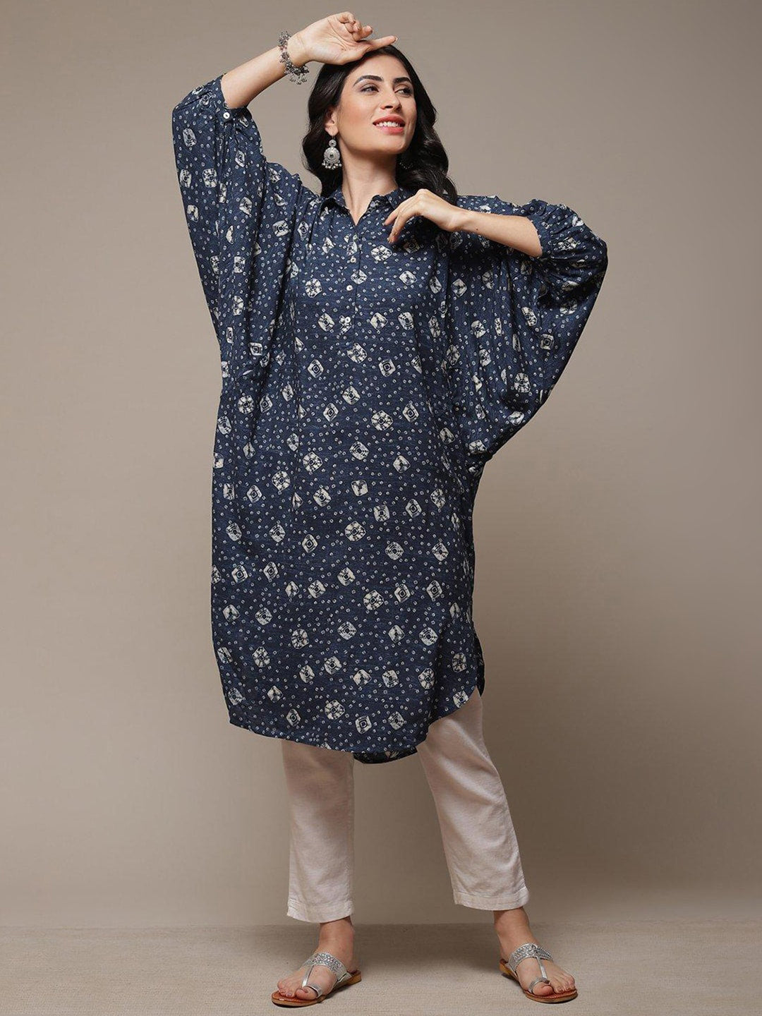 Biba Bandhani Printed Puff Sleeves Shirt Collar Kurta - Distacart