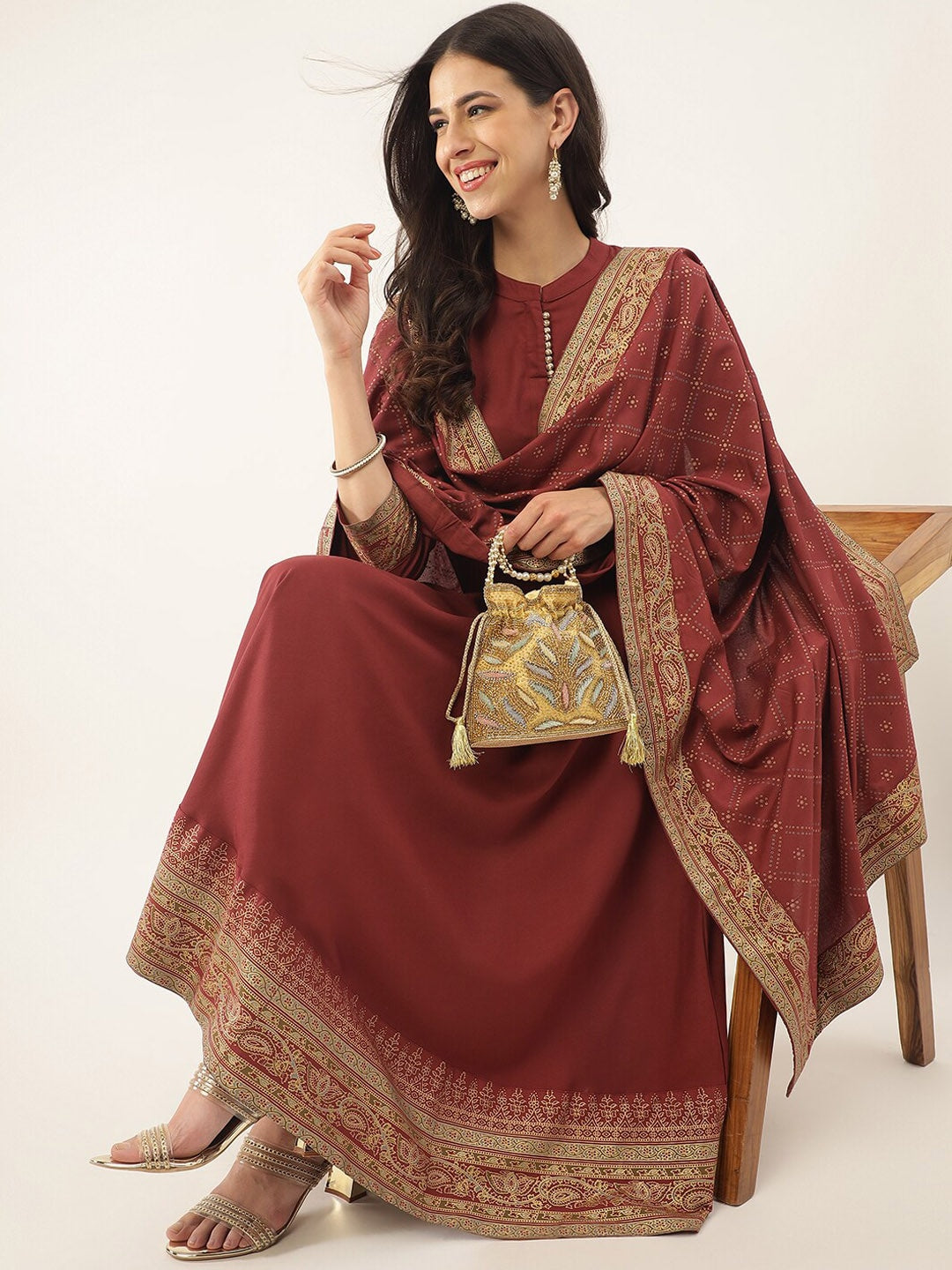 Khushal K Ethnic Motifs Printed Mandarin Collar Kurta with Trousers & Dupatta - Distacart