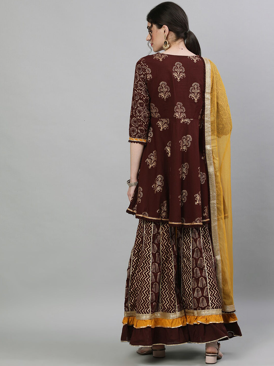 Ishin Women Brown & Gold-Toned Printed Kurti with Sharara & Dupatta - Distacart