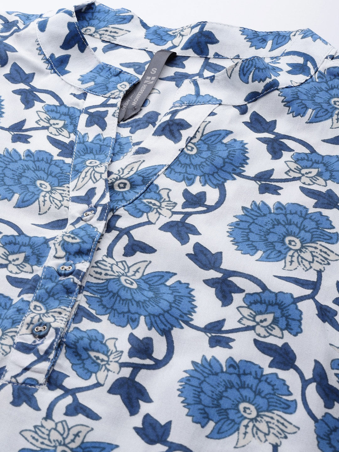 HERE&NOW Women White & Navy Blue Ethnic Motifs Printed Kurta - Distacart