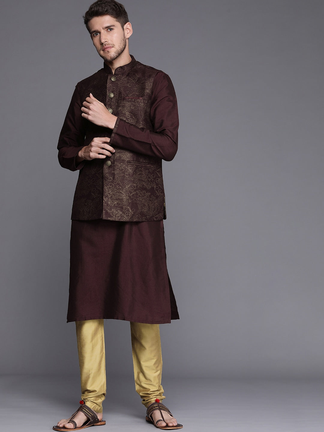 Manyavar Men Burgundy Kurta & Pyjama with Nehru Jacket - Distacart