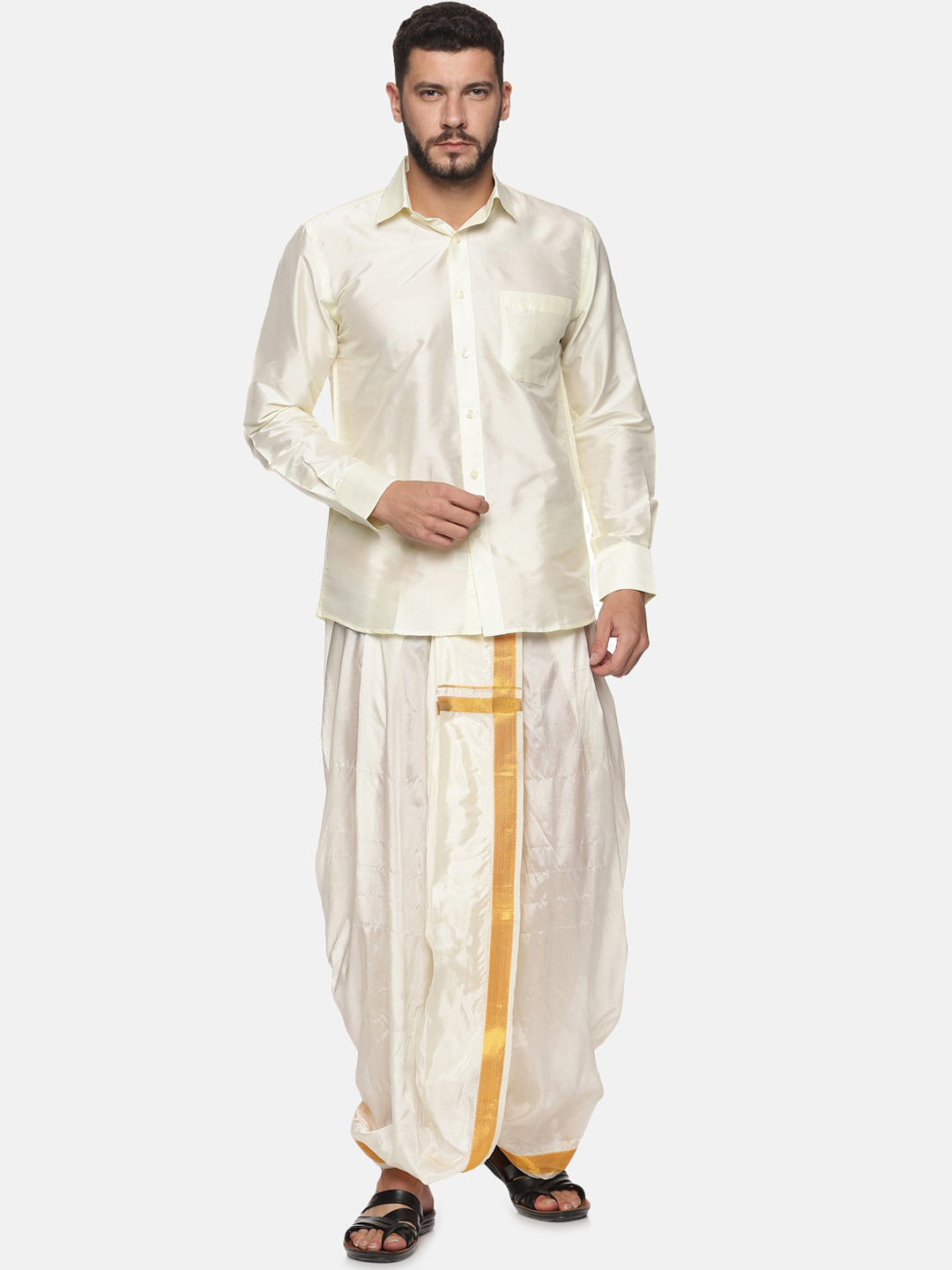 Sethukrishna Men Cream-Coloured & Gold-Coloured Solid Art Silk Dhoti Pants - Distacart