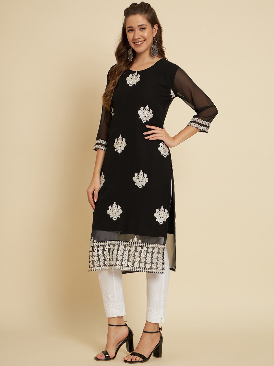 HERE&NOW Black & White Ethnic Motifs Chikankari Embroidered Georgette Kurta - Distacart