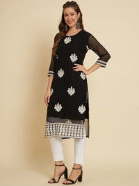 Thumbnail for HERE&NOW Black & White Ethnic Motifs Chikankari Embroidered Georgette Kurta - Distacart