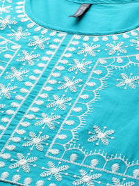 Thumbnail for HERE&NOW Women Blue Ethnic Motifs Embroidered Thread Work Kurta with Trousers & With Dupatta - Distacart