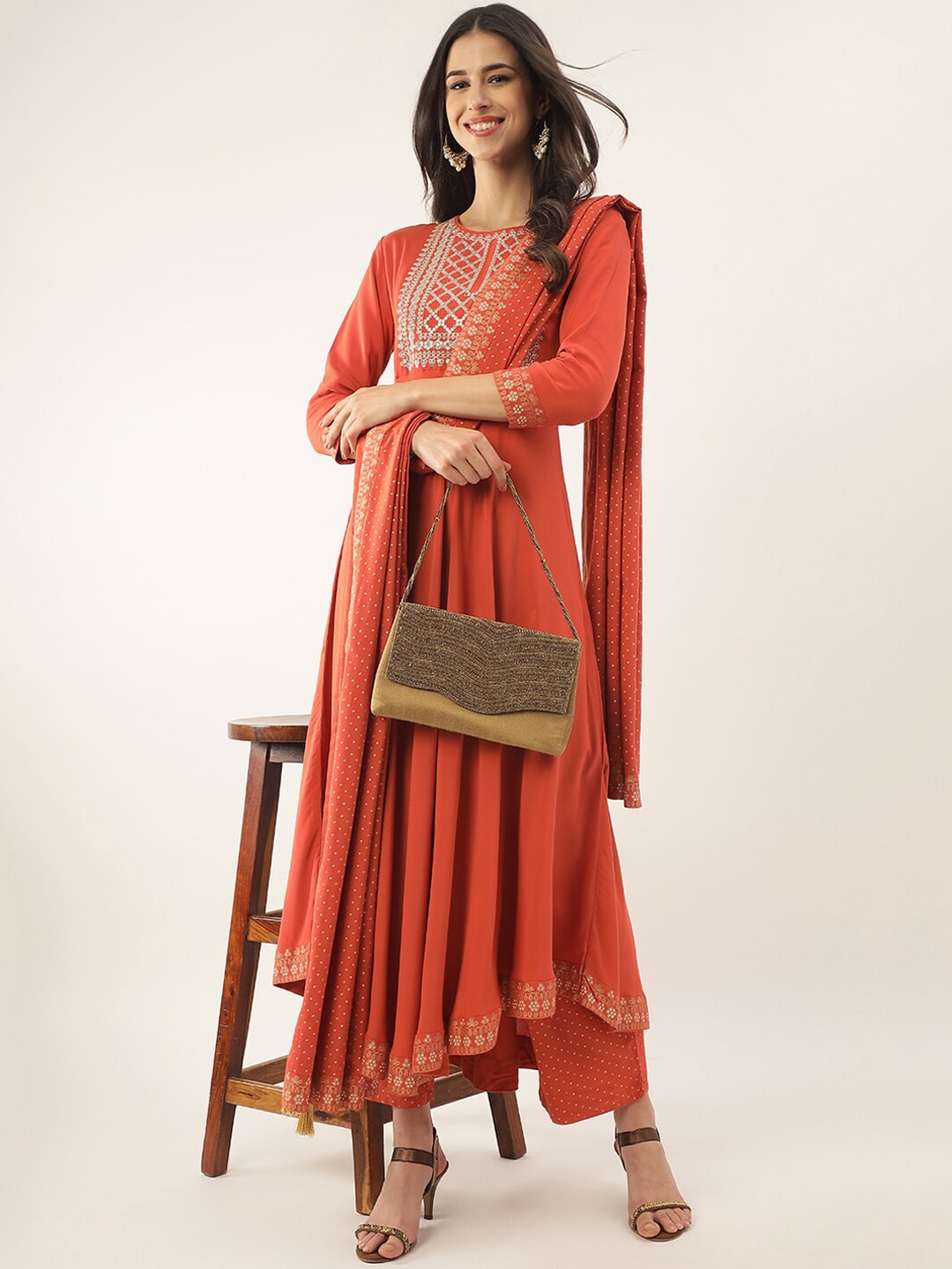Khushal K Ethnic Motifs Yoke Design Sequinned Anarkali Kurta with Palazzos & Dupatta - Distacart