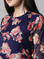 Thumbnail for Souchii Navy Blue Floral Chiffon Midi Dress - Distacart