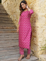 Thumbnail for Kalini Keyhole Neck Ethnic Motifs Printed Regular Kurta with Trousers & With Dupatta - Distacart