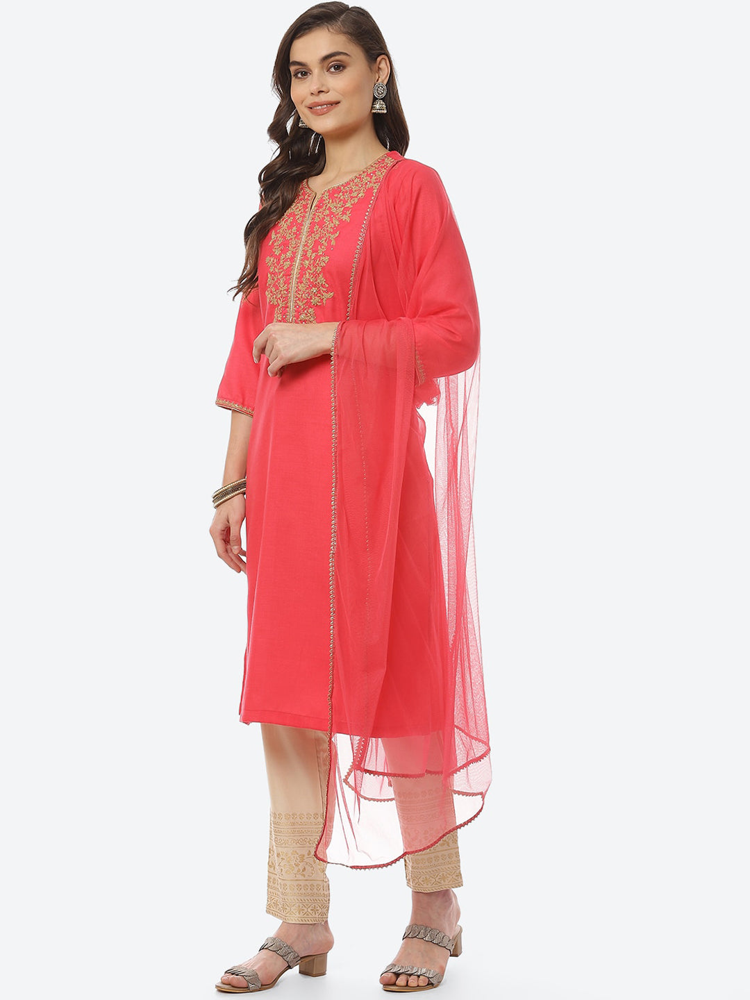 Biba Women Fuchsia Yoke Design Pure Cotton Kurta with Trousers & With Dupatta - Distacart
