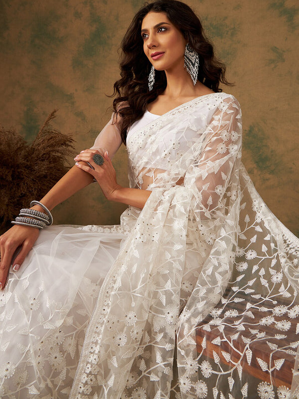 Sangria Embroidered Net Sarees - Distacart