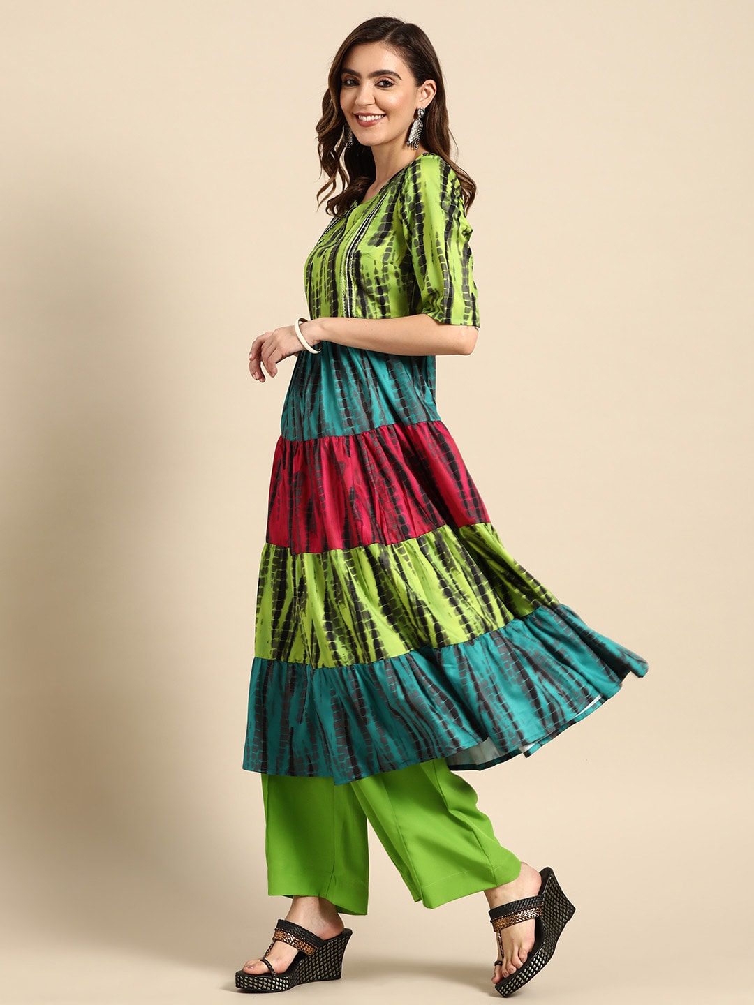 Sangria Women Green Dyed Tiered Kurta with Palazzos - Distacart