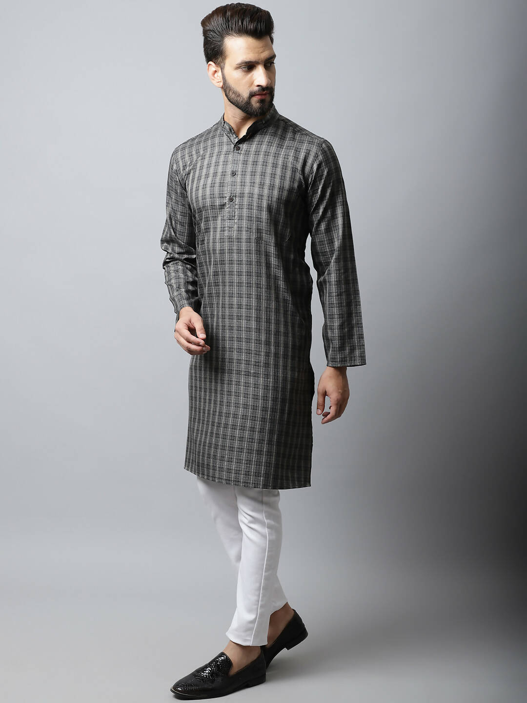 Even Apparels Brown Color Cotton Checked Men's Kurta With Band Collar (CHK1157) - Distacart