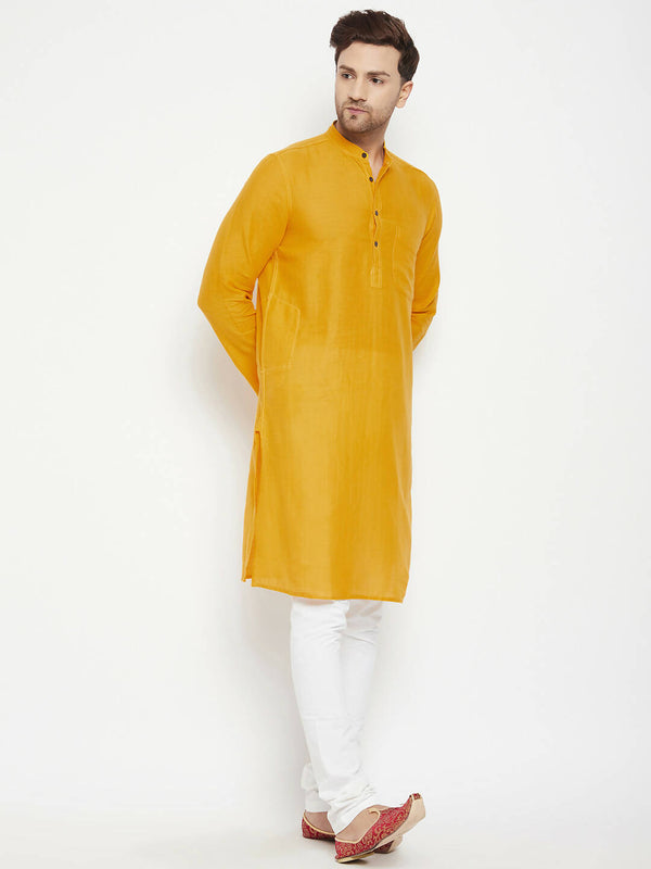 Even Apparels Yellow Pure Cotton Long Men's Kurta With Band Collar - Distacart