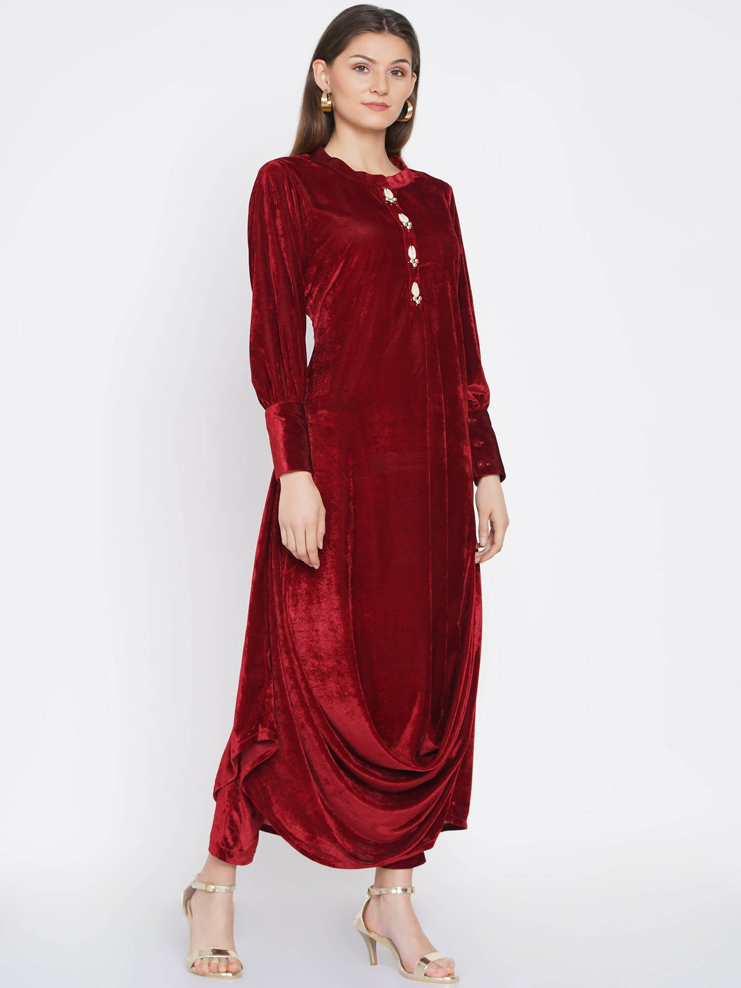 Women Republic Maroon Velvet Cowl Style Kurta With Pants - Distacart