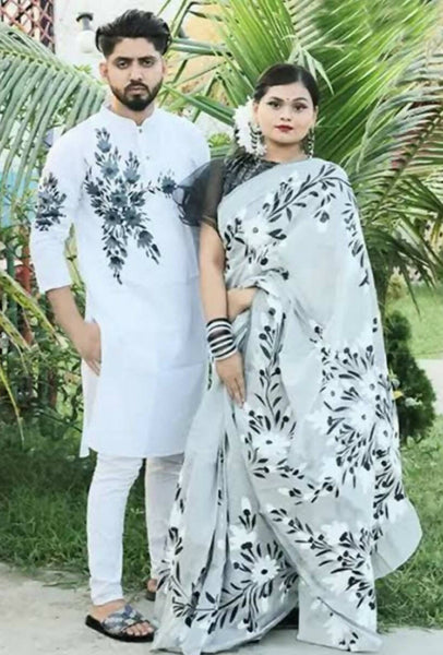 Exclusive Collection Elegant Hand Printing Designe On Pure Cotton Saree And Men's Kurta - White - Distacart