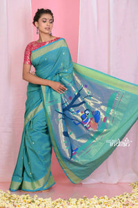 Thumbnail for Very Much Indian Handloom Pure Cotton Paithani -Turquoise Blue - Distacart