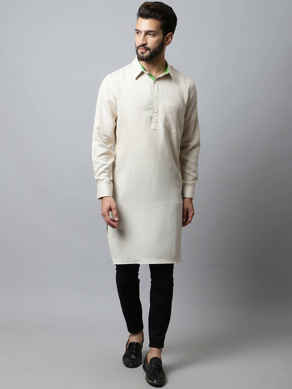 Even Apparels Cream Color Cotton Solid Men's Kurta With Shirt Collar (LN027) - Distacart