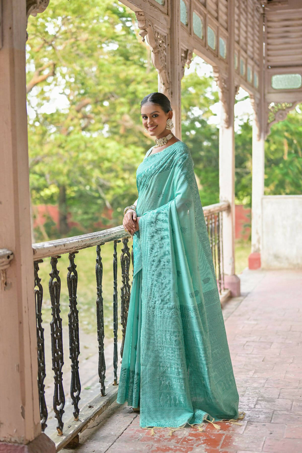 Vishnu Weaves Women's Sea-Green Handloom Raw Silk Woven Border Saree with Blouse - Distacart