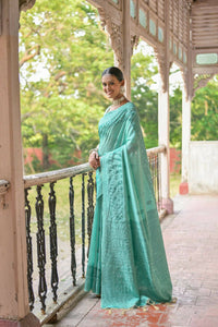 Thumbnail for Vishnu Weaves Women's Sea-Green Handloom Raw Silk Woven Border Saree with Blouse - Distacart