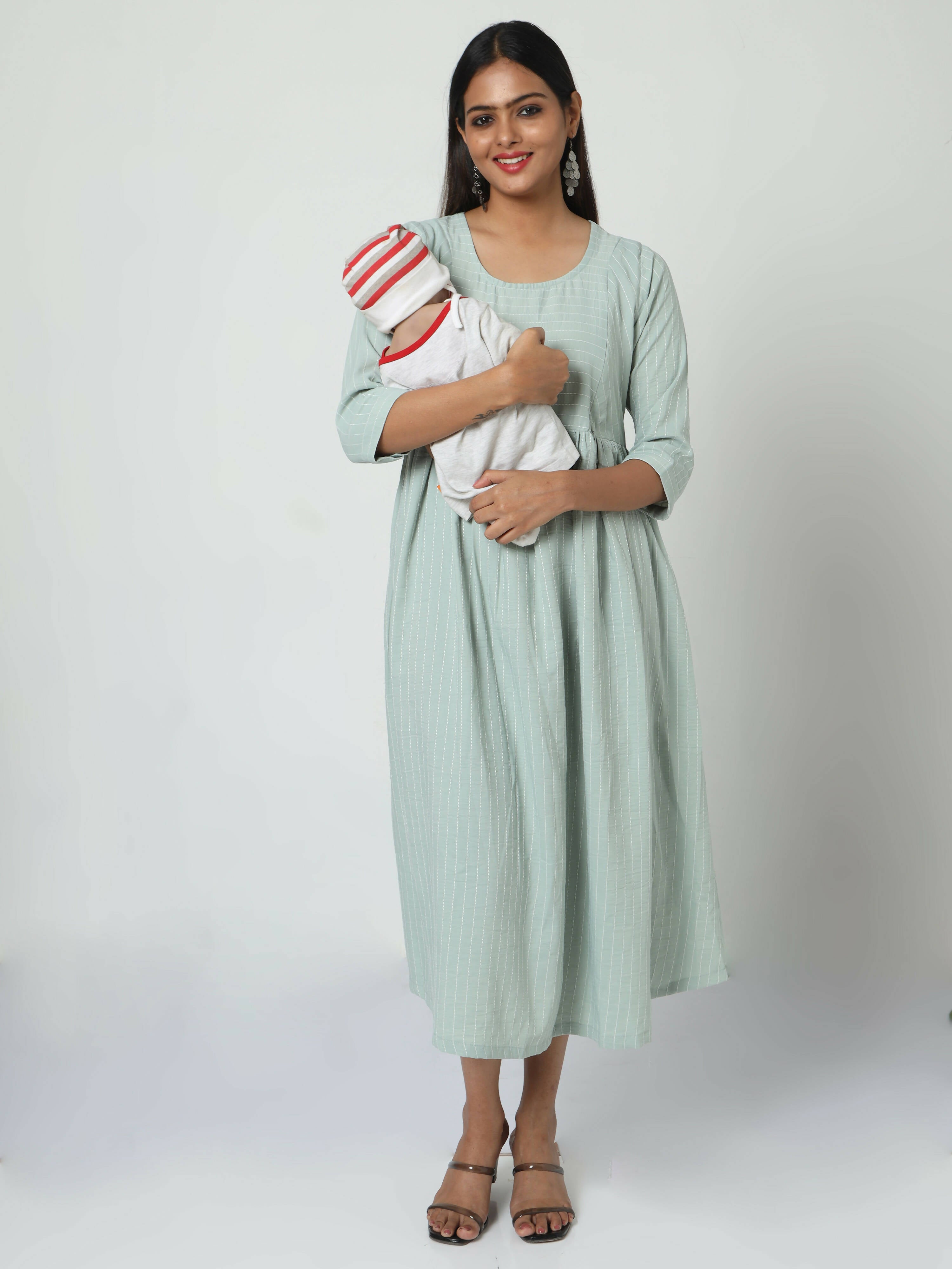 Manet Three Fourth Maternity Dress Striped With Concealed Zipper Nursing Access - Pista Green - Distacart