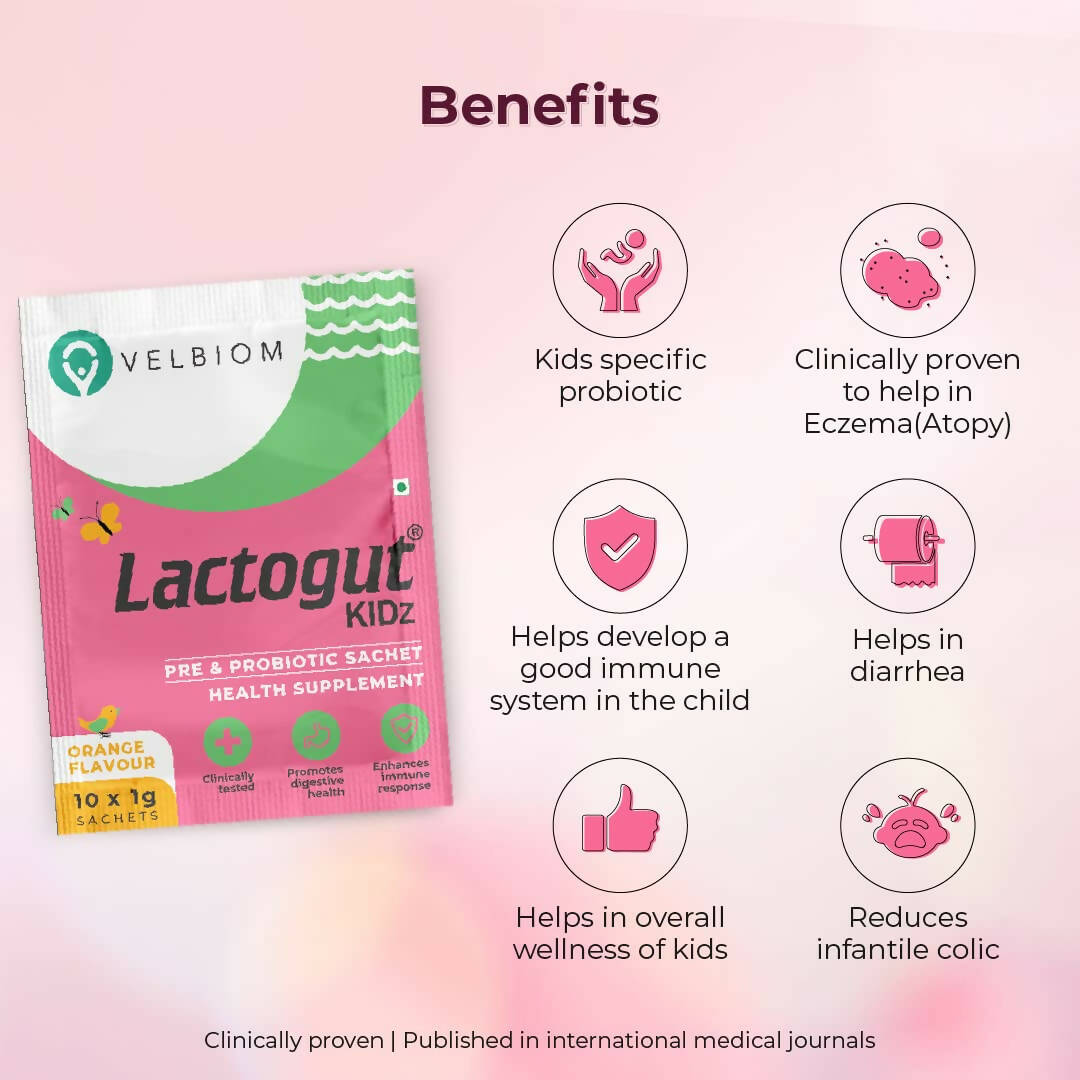 Velbiom Lactogut Kidz Probiotics Powder Sachets - Orange Flavor - Distacart