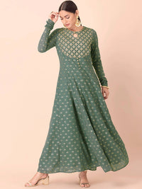 Thumbnail for Indya Green & Gold-Toned Ethnic Motifs Printed Georgette Anarkali Kurta - Distacart