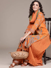 Thumbnail for Ritu Kumar Women Rust Orange Pure Cotton Paisley Printed Kurta with Sharara & Dupatta - Distacart
