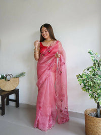 Thumbnail for Vamsee Pink Organza Saree - Distacart