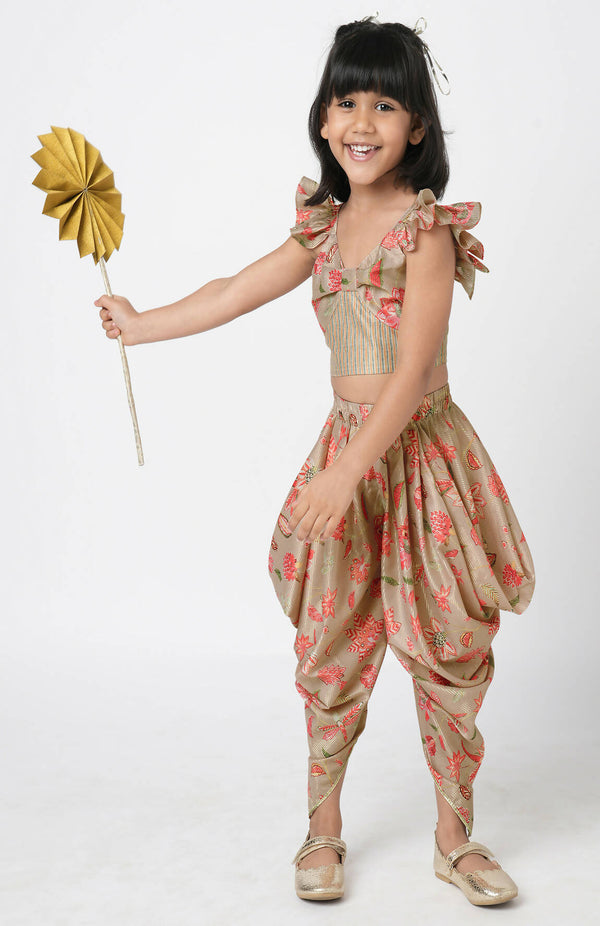 Lil Drama Golden Weaves Beige Crop Top With Dhoti Co-Ordinate Set - Distacart