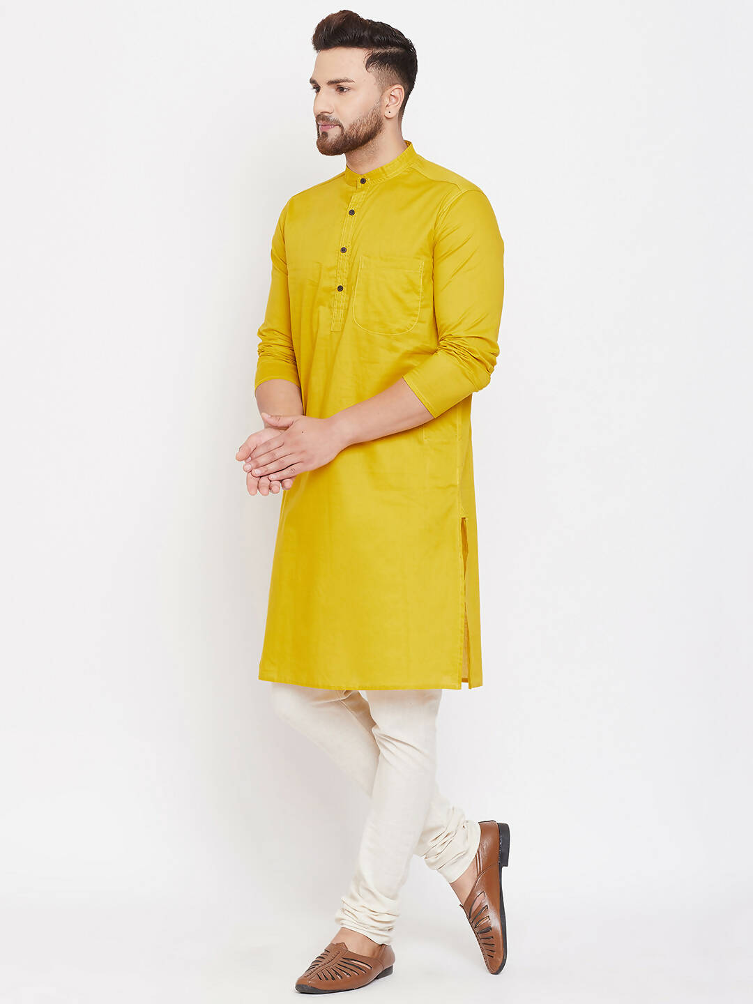 Even Apparels Pure Cotton Yellow Men's Kurta With Band Collar - Distacart