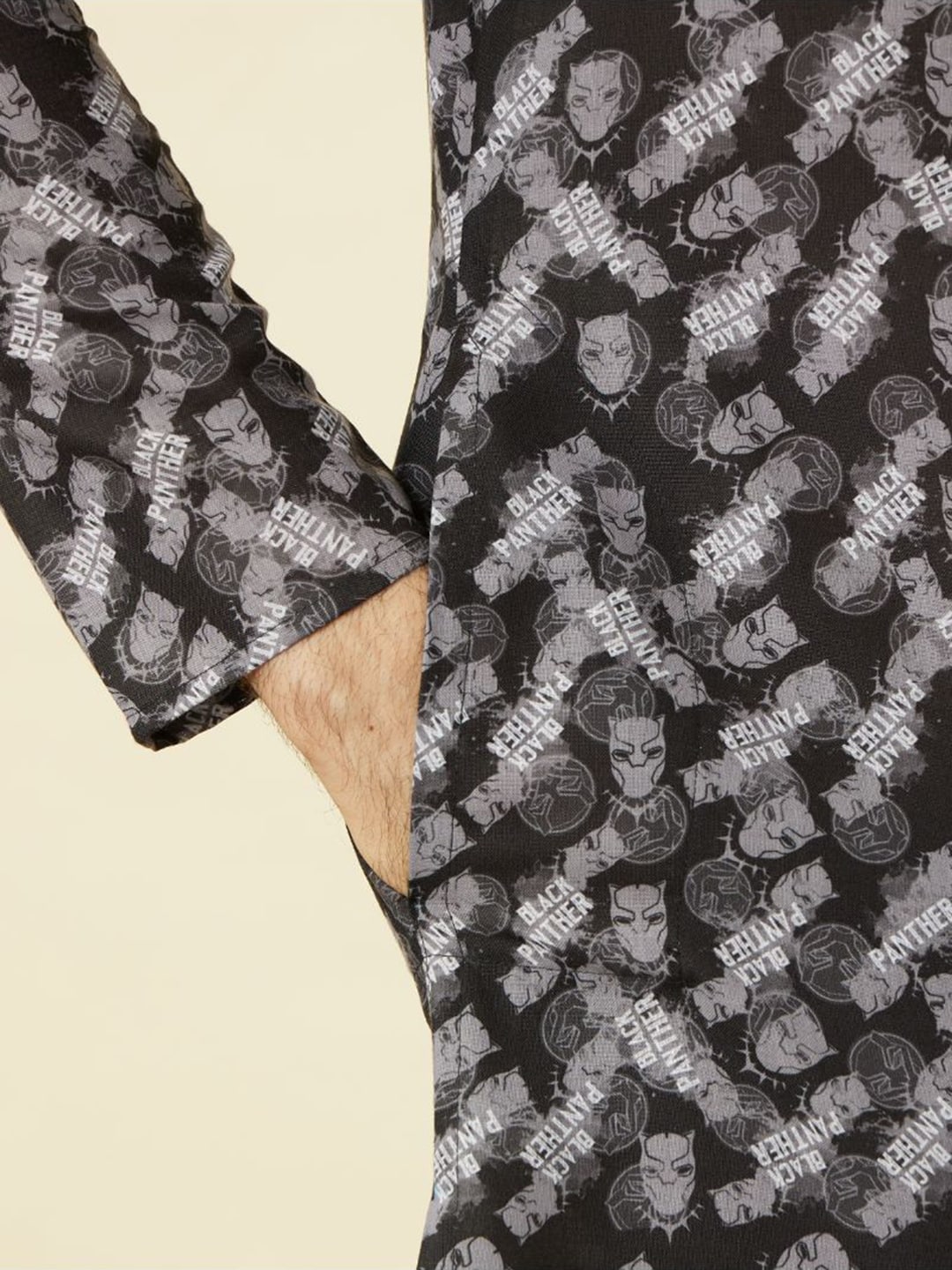 Manyavar Black Panther Printed Mandarin Collar Kurta and Churidar - Distacart